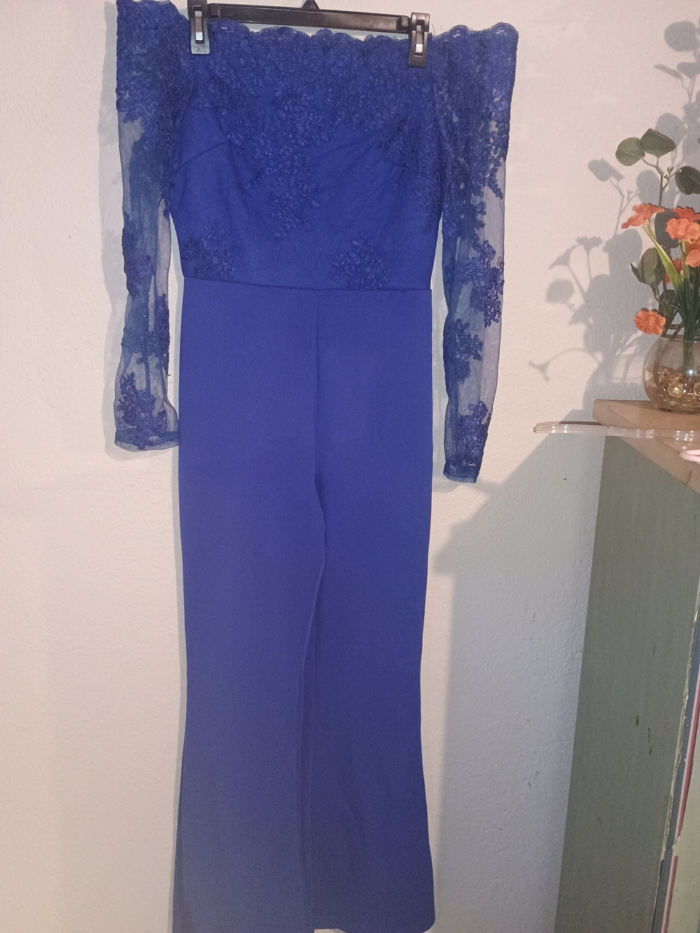 Off-Shoulder Royal Blue Lace Bodice Jumpsuit